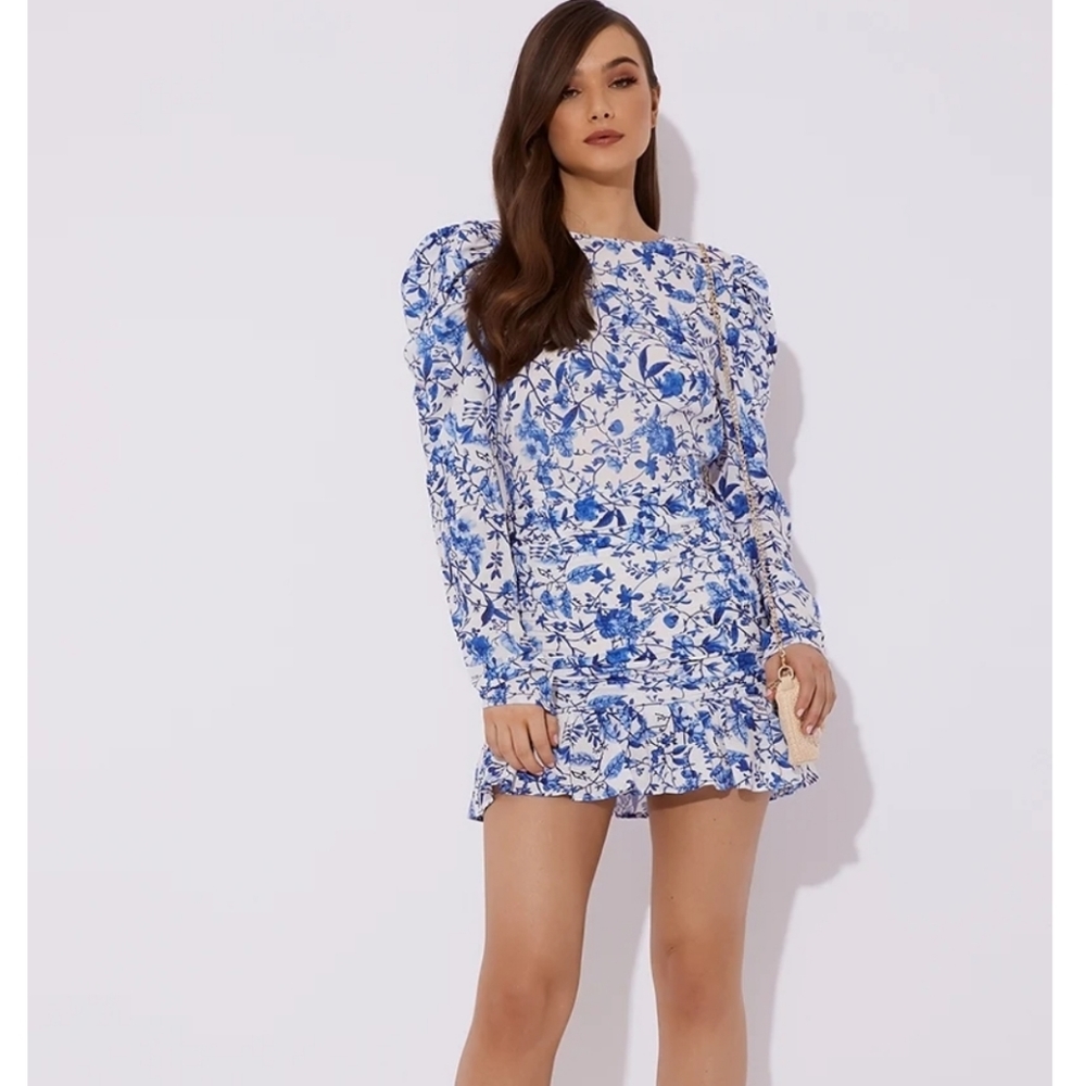 Statement shoulder sleeve floral porcelain dress